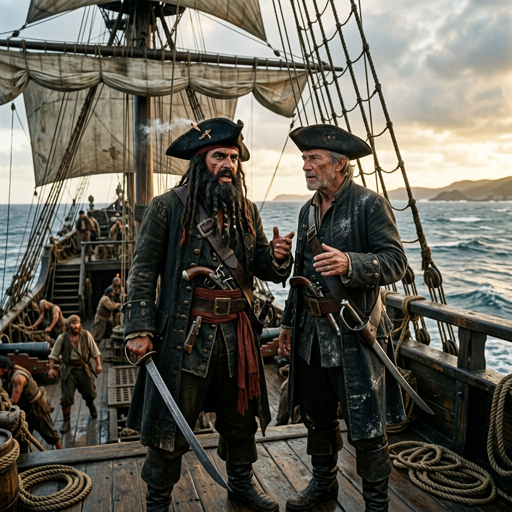 Two pirate captains in period clothing talking passionately on a wooden ship deck at sea